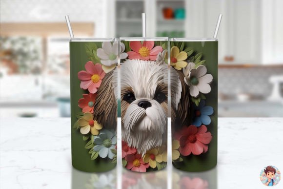 3D Dog and Flowers Tumbler Wrap