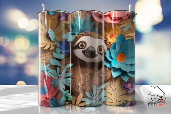 Sloth and Flower 3D Tumbler Sublimation Design
